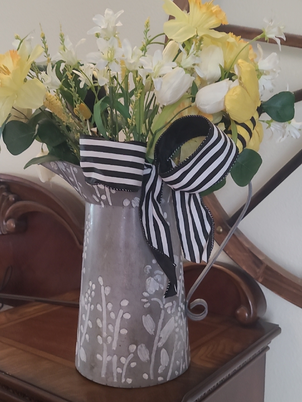 Michaels Gray Floral Metal Pitcher Vase with Yellow and White Faux Flowers